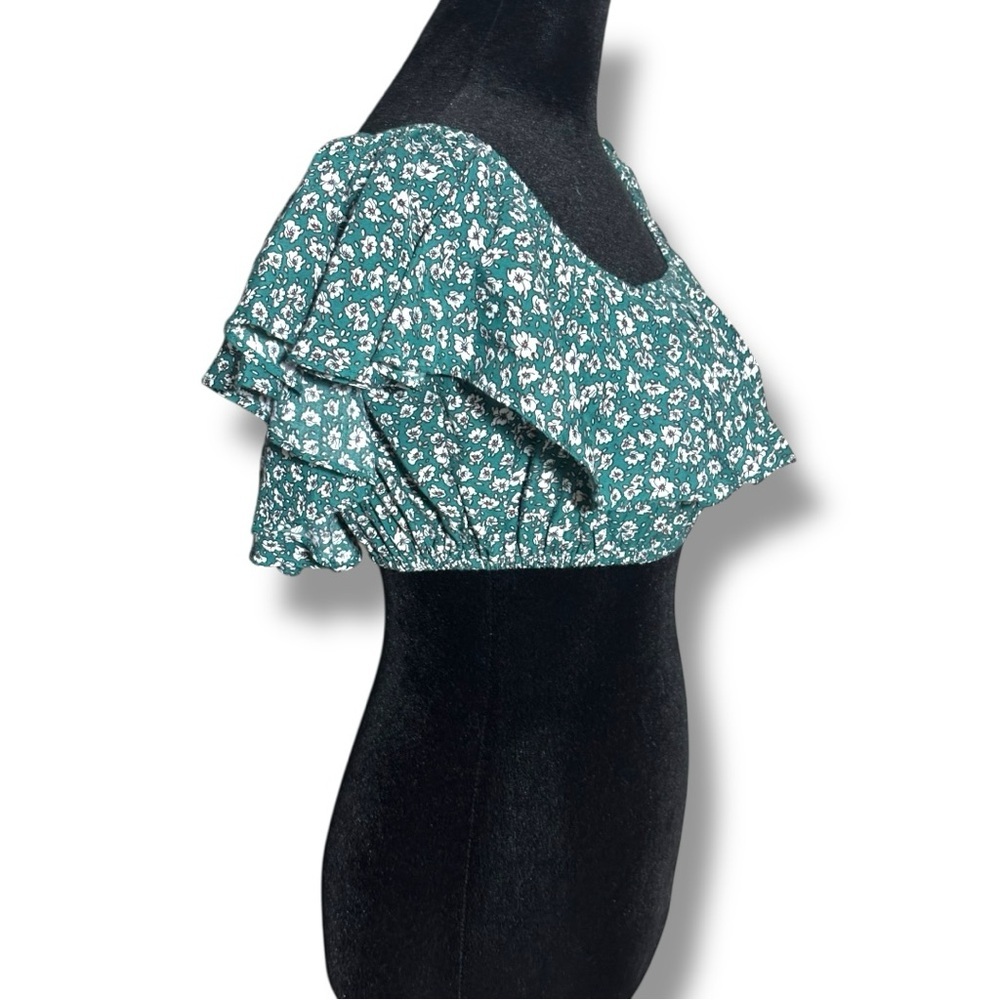 Indigo Child Teal and White Ditsy Floral Print Ruffled Off Shoulder Crop Top - Picture 4 of 16